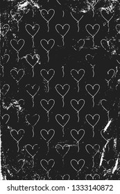 Grunge pattern with line art icons of ballon hearts. Vertical black and white backdrop.