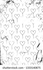 Grunge pattern with line art icons of ballon hearts. Vertical black and white backdrop.