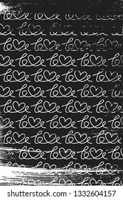 Grunge pattern with line art lettering of word "love". Vertical black and white backdrop.