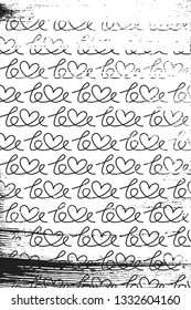 Grunge pattern with line art lettering of word "love". Vertical black and white backdrop.