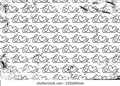 Grunge pattern with line art lettering of word "love". Horizontal black and white backdrop.