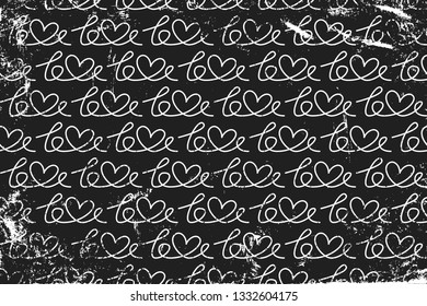 Grunge pattern with line art lettering of word "love". Horizontal black and white backdrop.