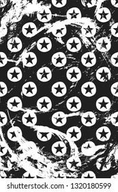 Grunge pattern with pentagon stars in circles. Vertical black and white background.