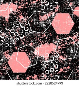 grunge pattern with pink hexagon, traces of paint and geometric elements