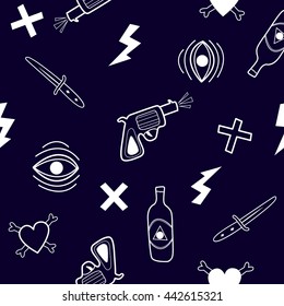 Grunge pattern. Punk style. pistol, bottle, knife