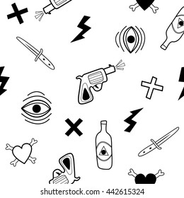 Grunge pattern. Punk style. pistol, bottle, knife