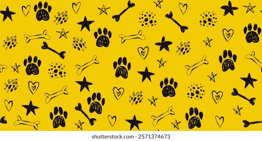 Grunge Paws with Texture in Seamless Pattern. Hand drawn pencil animal paws with bones and hearts. Love symbols in black color. 