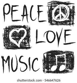  Grunge Peace, Love And Music, Vector Icon