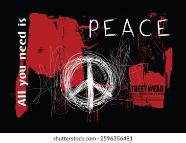 Grunge peace sign.Vector peace symbol. Peace symbol, typography street art graffiti slogan print with spray effect, text splash t shirt print patterns, t shirt graphics print vector illustration desig