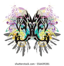 Grunge peaked eagle butterfly. Splashes in an eagle butterfly with the twirled floral elements and gray eagle wings