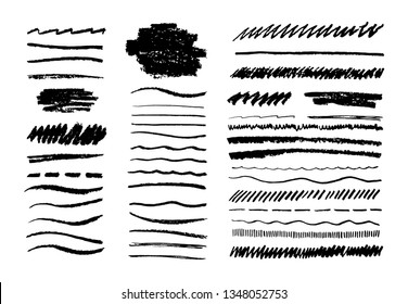 Grunge Pencil Line. Scribble Chalk Brush, Black Doodle Graphite Art Texture, Hand Drawn Sketch Elements. Vector Grungy Lines Set