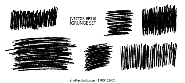 Grunge pencil sketches set. Grunge stains collection. Charcoal pencil hatches. Doodle scribbles set. Grungy textures and strokes.