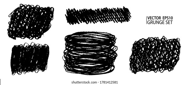 Grunge pencil sketches set. Grunge stains collection. Charcoal pencil hatches. Doodle scribbles set. Grungy textures and strokes.