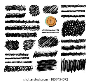 Grunge pencil sketches set. Grunge stains collection. Charcoal pencil hatches. Doodle scribbles set. Grungy textures and strokes.