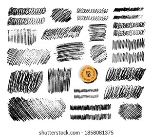 Grunge pencil sketches set. Grunge stains collection. Charcoal pencil hatches. Doodle scribbles set. Grungy textures and strokes.