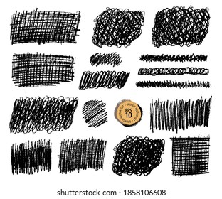 Grunge pencil sketches set. Grunge stains collection. Charcoal pencil hatches. Doodle scribbles set. Grungy textures and strokes.