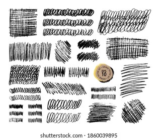 Grunge pencil sketches set. Grunge stains collection. Charcoal pencil hatches. Doodle scribbles set. Grungy textures and strokes.