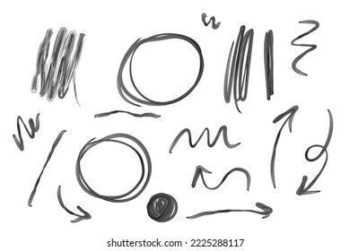 Grunge pencil watercolor chalk brush stroke vector set of sketches, arrows, circles. Ideal for print,stickers, graphic design, collage and other creative projects.