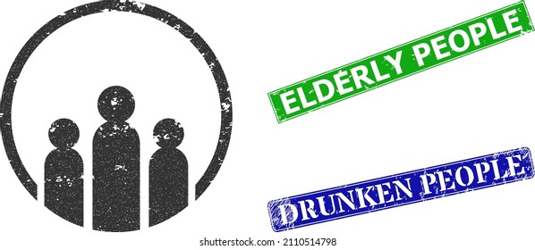 Grunge people icon and rectangular rubber Elderly People seal. Vector green Elderly People and blue Drunken People watermarks with scratched rubber texture, designed for men illustration.