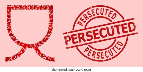 Borde Sello de sello perseguido y patrón de corazón de amor rojo para la taza. El sello rojo redondo contiene la etiqueta persecutiva dentro del círculo. El collage de la taza está construido a partir de símbolos de San Valentín rojos.