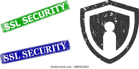 Grunge el icono de escudo personal y el sello de sello de seguridad SSL rayado en rectángulo. Seguridad SSL verde vectorial y sellos de seguridad SSL azul con textura de goma gruesa,