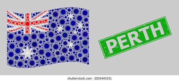 Grunge Perth and mosaic waving Australia flag constructed of sun items. Green badge contains Perth text inside rectangle. Vector sunny collage waving Australia flag constructed for success propaganda.