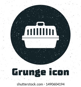 Grunge Pet carry case icon isolated on white background. Carrier for animals, dog and cat. Container for animals. Animal transport box.  Vector Illustration