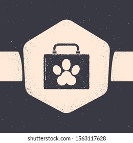 Grunge Pet first aid kit icon isolated on grey background. Dog or cat paw print. Clinic box. Monochrome vintage drawing. Vector Illustration