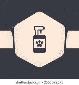 Grunge Pet shampoo icon isolated on grey background. Pets care sign. Dog cleaning symbol. Monochrome vintage drawing. Vector