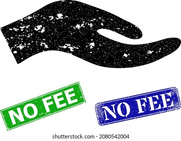 Grunge petition hand icon and rectangle rubber No Fee seal stamp. Vector green No Fee and blue No Fee watermarks with grunge rubber texture, designed for petition hand illustration.