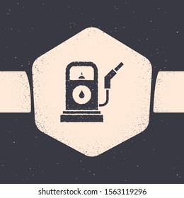 Grunge Petrol or Gas station icon isolated on grey background. Car fuel symbol. Gasoline pump. Monochrome vintage drawing. Vector Illustration