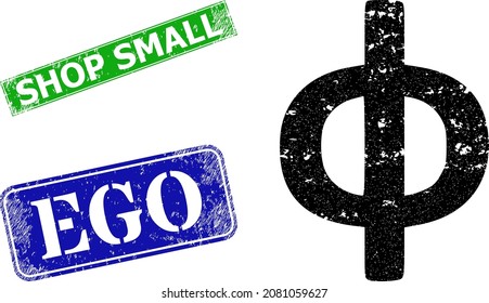 Grunge Phi Greek lowercase symbol icon and rectangular rubber Shop Small seal. Vector green Shop Small and blue Ego watermarks with retro rubber texture,