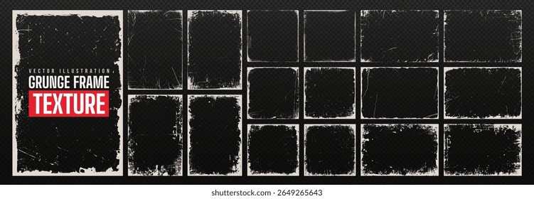 Grunge photo banner set isolated on black background. Black paint brush stroke border pattern, retro halftone dust overlay frame and crack wall silhouette with dirty ink splash. Torn paper texture art