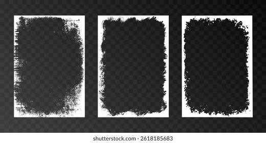 Grunge photo frame collection with distressed black borders on transparent background, set of textured vintage edges for creative photography, poster, or graphic design projects