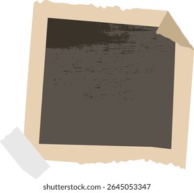 A grunge photo frame with rough edges and tape accents in a distressed style. The frame features a worn texture and adhesive strips for a vintage look. Cartoon vector illustration.