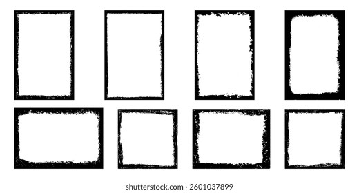 Grunge photo frame. Textured border for post. Worn background for collage. Black vintage frame.
