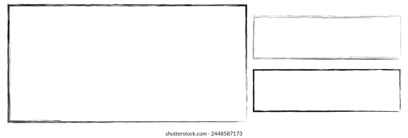 Grunge photo frames and borders with vector edges of distressed black paint brush strokes. Rectangular frame borders with rough textures, scratches, spots and smears, isolated background