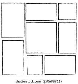 Grunge photo frames and borders with vector edges of distressed paint brush strokes. Rectangular frame borders with rough textures, scratches, spots and smears, isolated background.