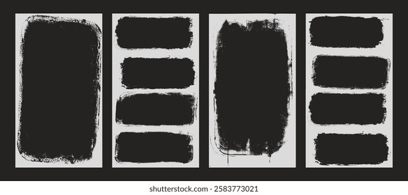 Grunge photo frames set templates. Ink paint border with rough edges for social media post banner. Retro textured overlays. Rectangular old black flyers on transparent background. Vector illustration.