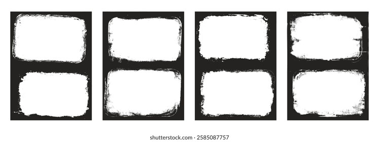 Grunge photo frames set templates. Ink paint border with rough edges for poster and banner. Retro textured overlays. Rectangular old black flyers on transparent background. Vector illustration.