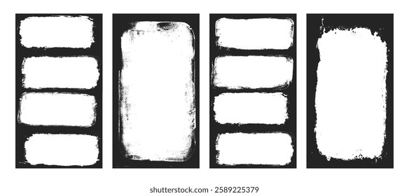 Grunge photo frames set templates. Ink paint border with rough edges for social media post banner. Retro textured overlays. Rectangular old black flyers on transparent background. Vector illustration.