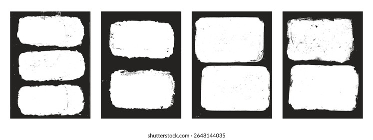 Molduras de fotos do Grunge definir modelos. Borda de tinta com bordas ásperas para cartaz e banner. Sobreposições texturizadas retrô. Folhetos pretos antigos retangulares sobre fundo transparente. Ilustração vetorial.