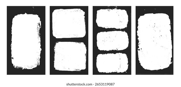 Molduras de fotos do Grunge definir modelos. Borda de tinta com bordas ásperas para postagem de mídia social. Sobreposições de história texturizada retrô. Folhetos pretos antigos retangulares sobre fundo transparente. Ilustração vetorial.