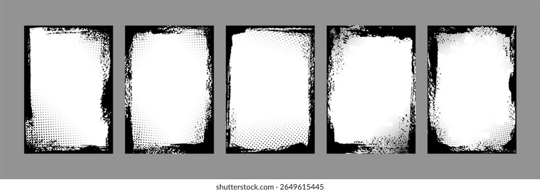 Grunge photo frames. Vertical grunge halftone rectangle frame with distressed ink borders and dotted comic texture. Retro posters, comics, pop art graffiti layout effects. Grungy edgy vector graphic.