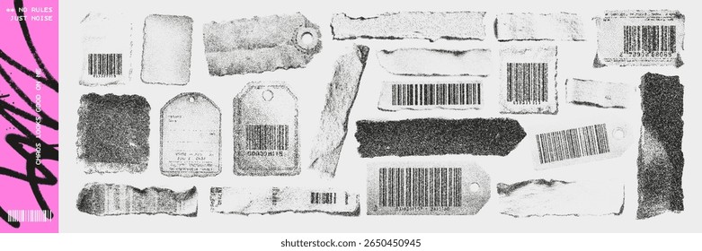  Grunge photocopy set of barcode tags, torn paper textures, and ripped tape pieces