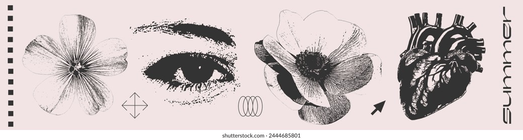 Grunge photography set with female eye, human heart and summer flowers. Y2k retro halftone collage element collection pop art magazine style cutout objects. Isolated vector illustration.