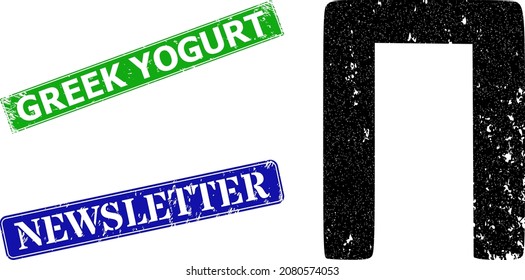 Grunge Pi Greek symbol icon and rectangle textured Greek Yogurt seal. Vector green Greek Yogurt and blue Newsletter imprints with grunge rubber texture, designed for Pi Greek symbol illustration.