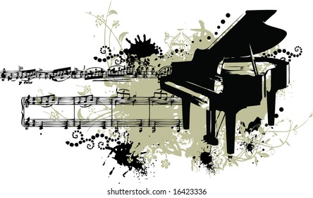 Grunge piano with note music and staff