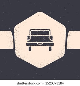 Grunge Pickup truck icon isolated on grey background. Monochrome vintage drawing. Vector Illustration