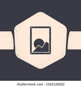 Grunge Picture landscape icon isolated on grey background. Monochrome vintage drawing. Vector Illustration